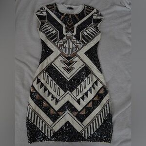 Express Geometric Sequin Mini Dress - Black, White, Tan